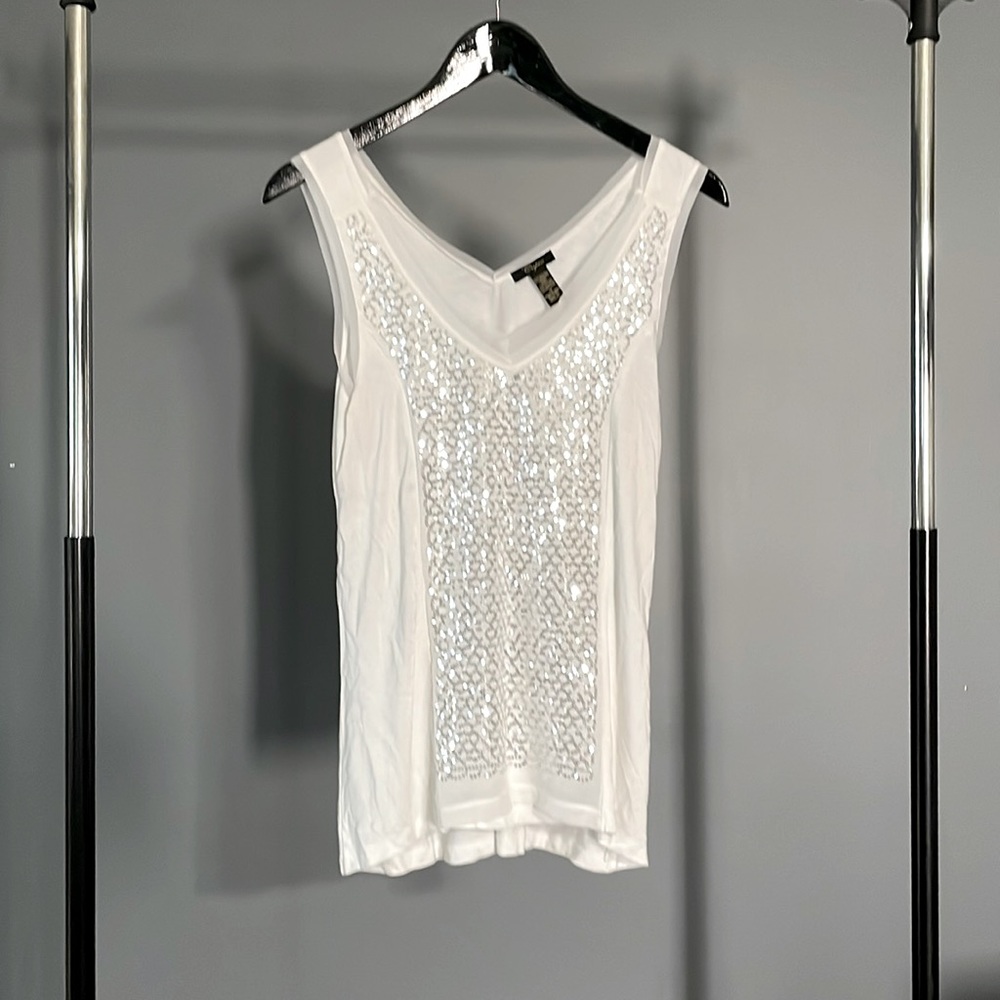 NWOT White V-Neck Tank w/ Chiffon Trim with Silver Sequins Center Panel